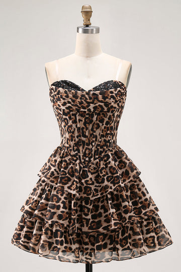 Vestido de cóctel corto con volantes en capas y corsé de novia de leopardo marrón